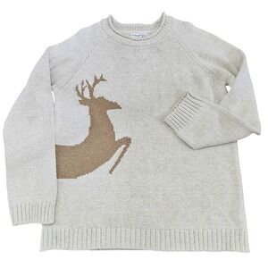 Vtg Women's Deer Roll Neck Sweater Size Large Reindeer Beige Brown Novelty